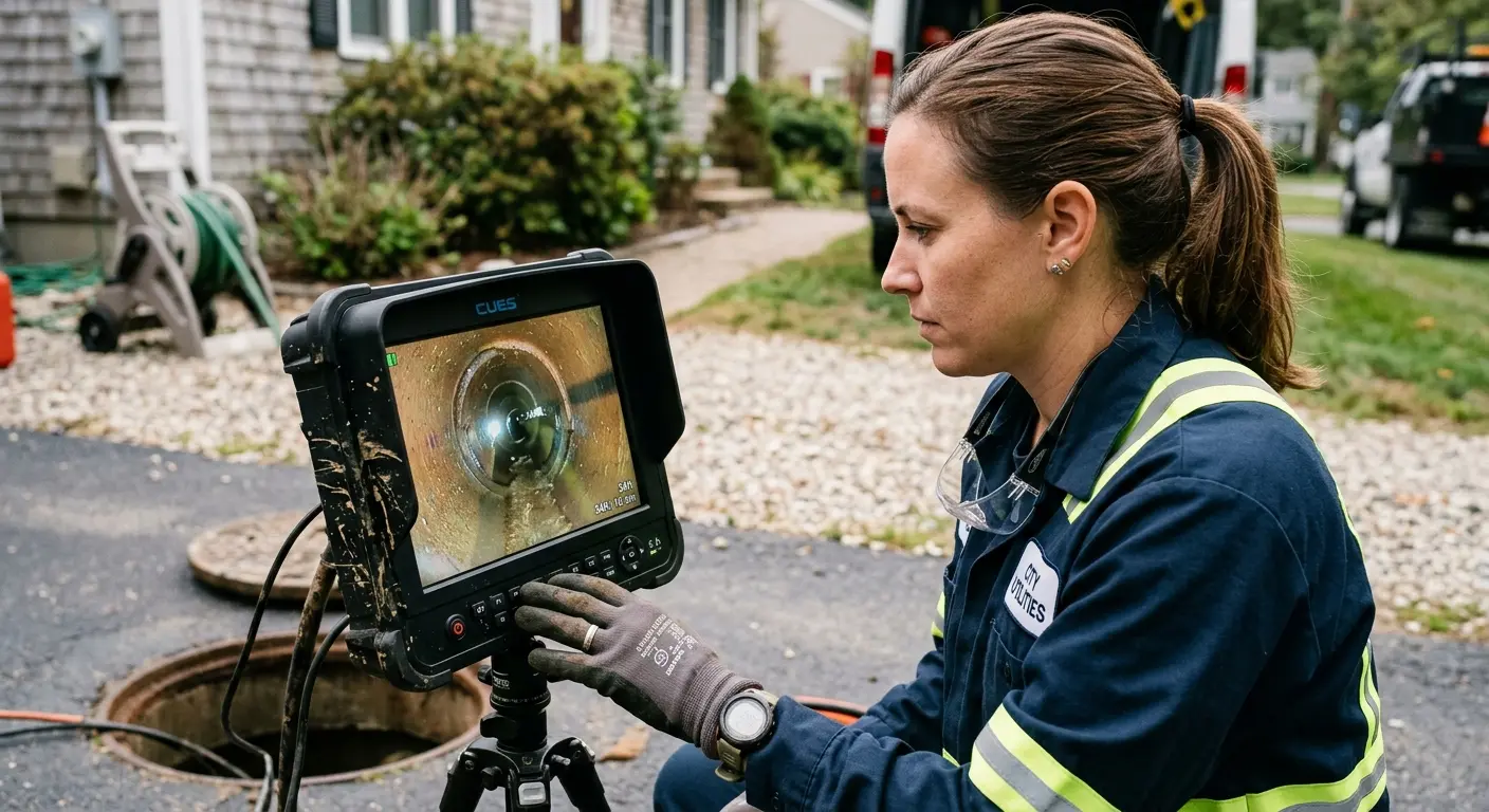 Technician reviewing sewer camera inspection footage in Rosemount