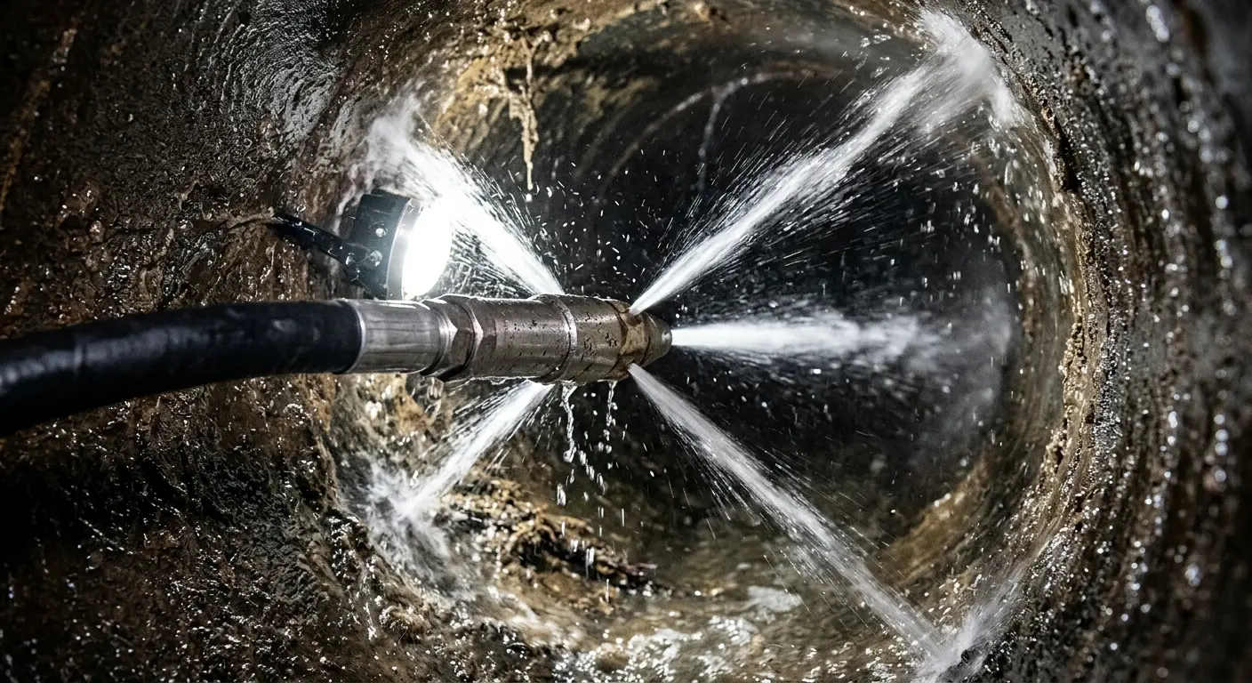High-pressure hydro jetting nozzle cleaning sewer pipe for Emergency Drain Service in Rosemount