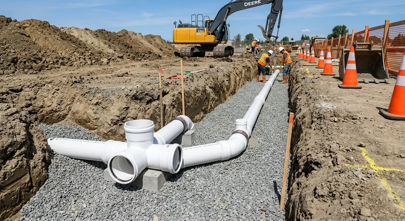 New PVC sewer pipe installation in open trench for Sewer Backup in Rosemount