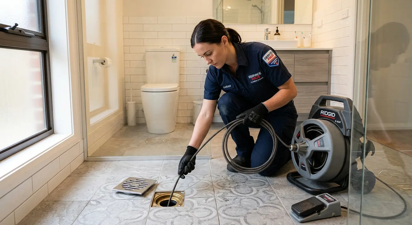 Technician clearing a bathroom floor drain for Drain Repair in Rosemount
